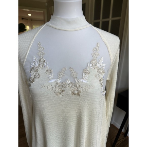 Free People Ivory Ecru Lace Mesh Floral Long Sleeve Tunic Top Blouse Sz Xs Boho - Picture 4 of 11